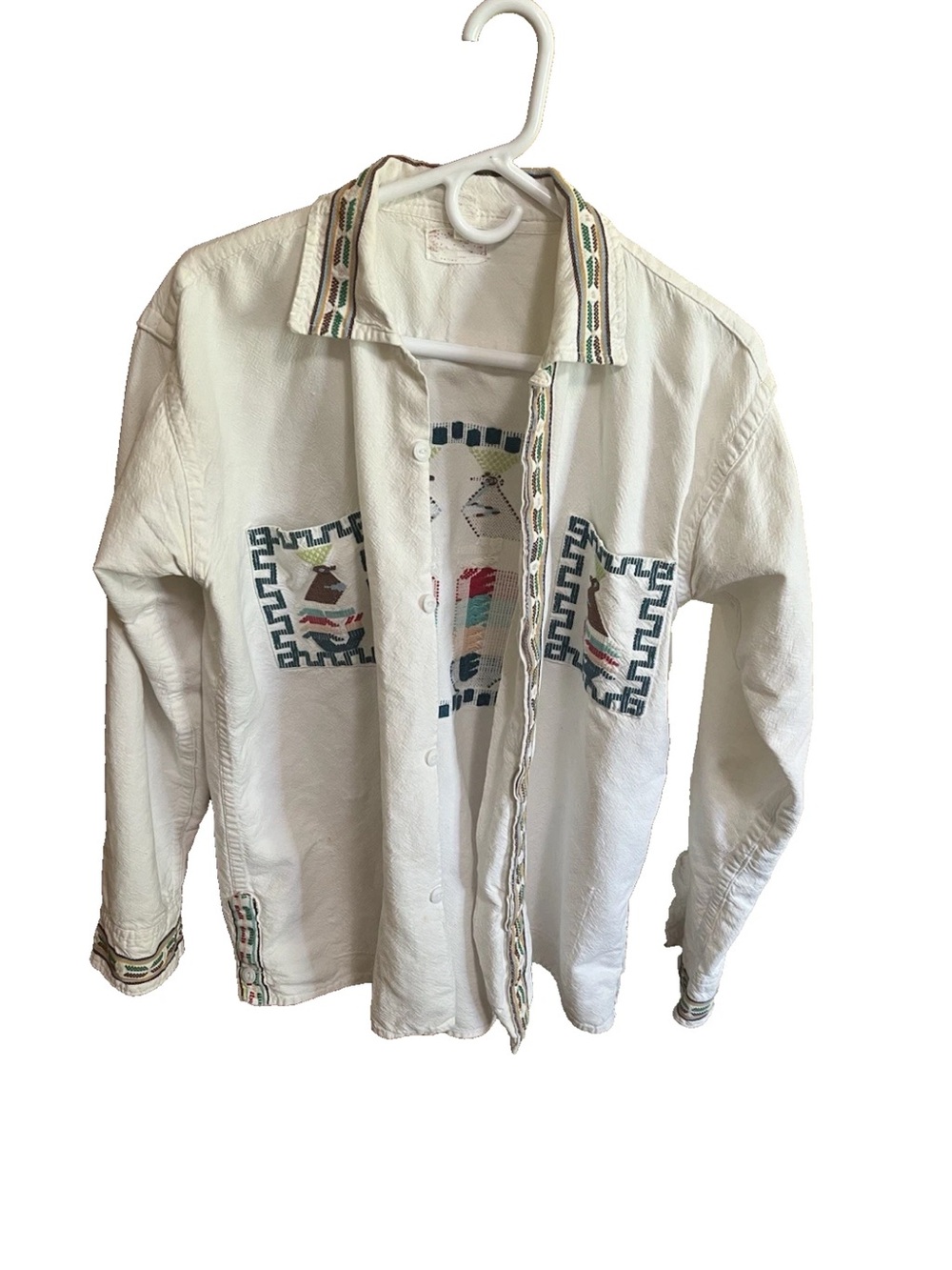 Vintage Hand‑Embroidered Mexican Chiapas Folk Shirt – White Manta Cotton –